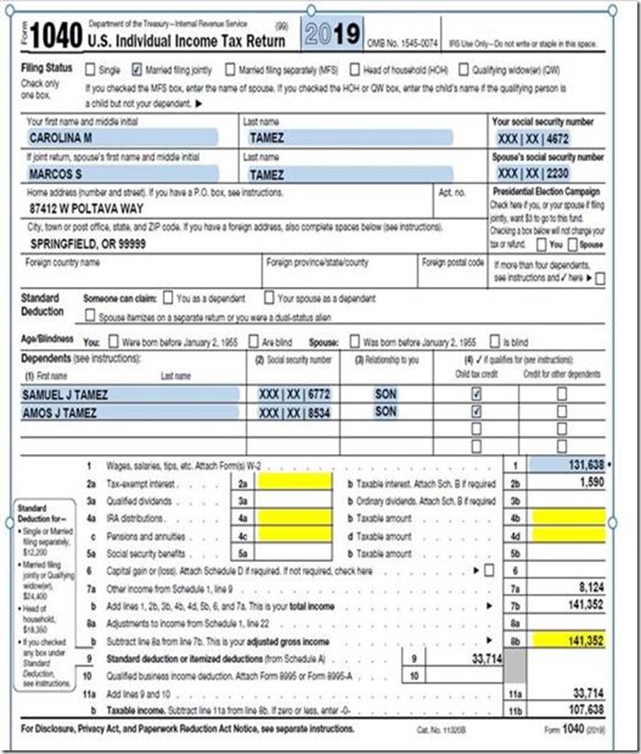 美国2019 IRS 1040 2019年税务数据 美国三县技术学院个人报税表参考