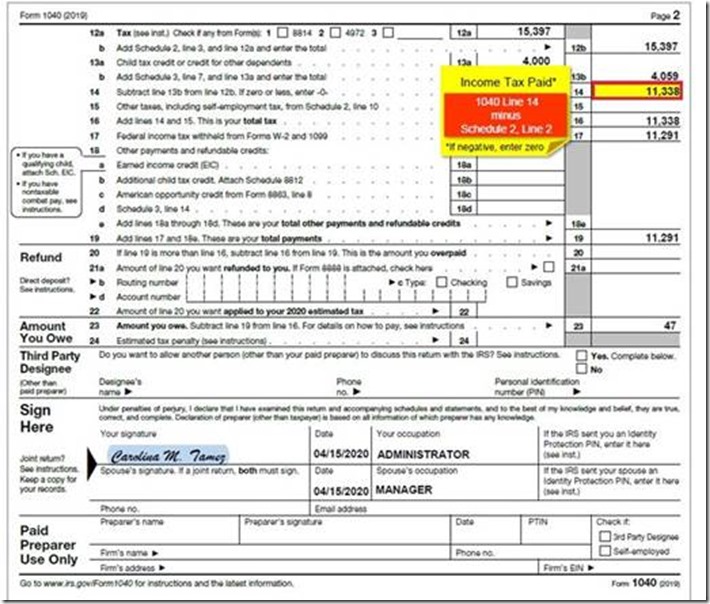 美國2019 IRS 1040 2019年稅務數據 美國三縣技術學院個人報稅表參考